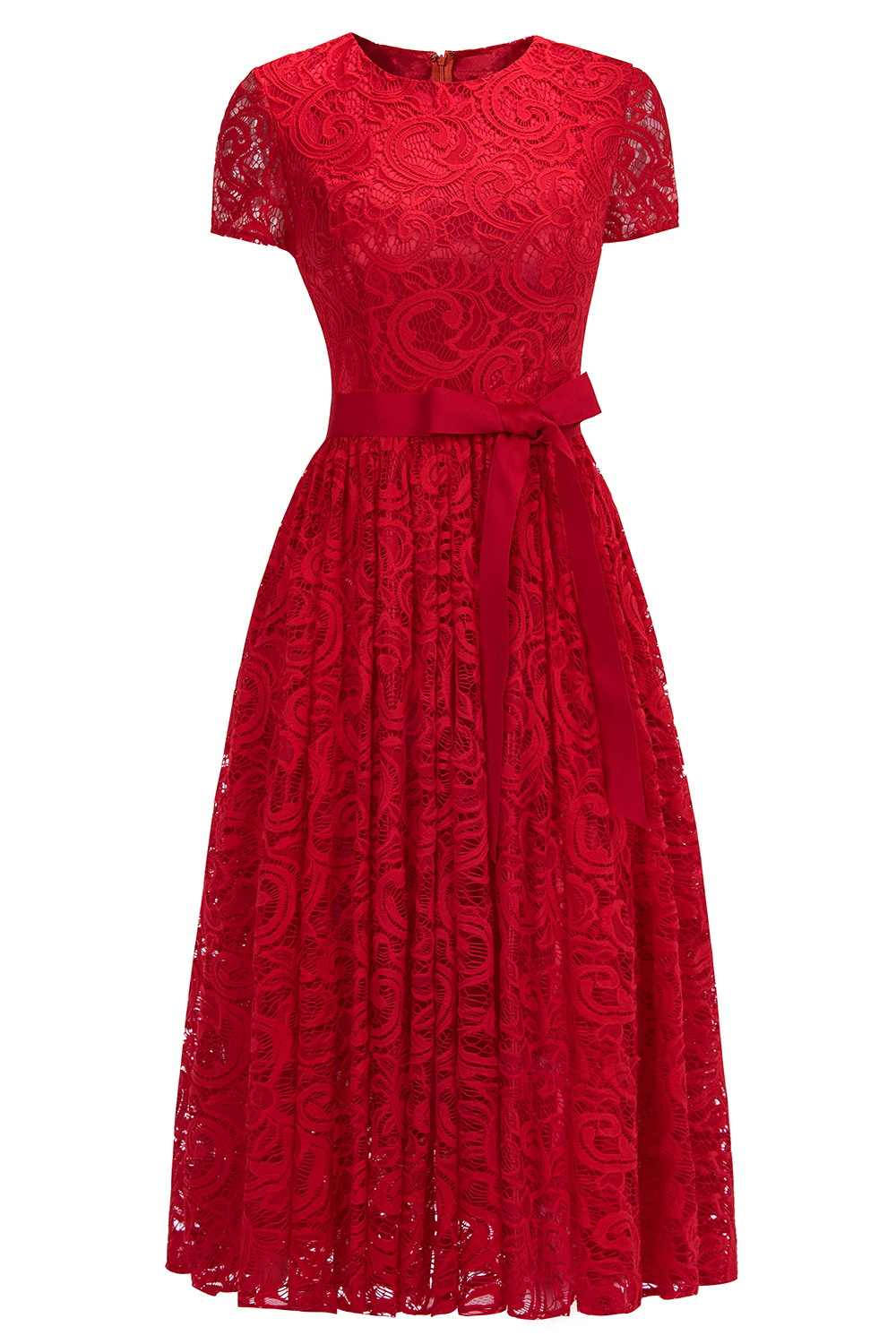 Short Sleeves Seath Red Lace Dresses with Ribbon Bow-newarrivaldress