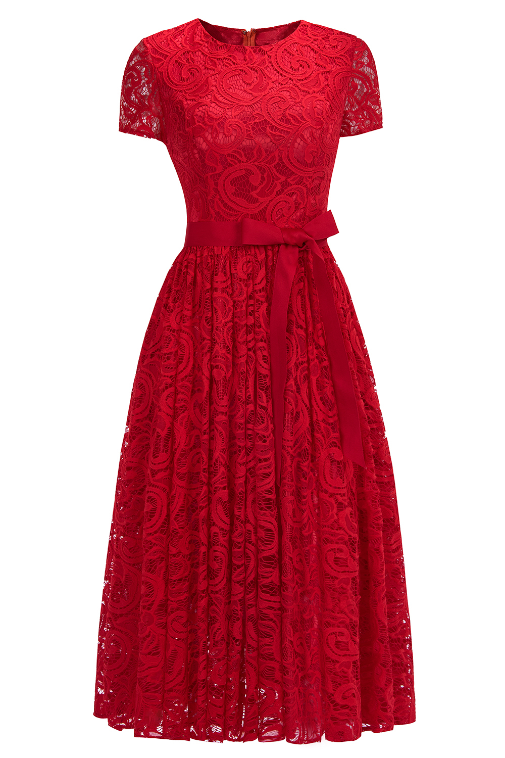 Short Sleeves Seath Red Lace Dresses with Ribbon Bow-newarrivaldress