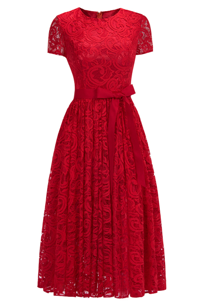 Short Sleeves Seath Red Lace Dresses with Ribbon Bow-newarrivaldress