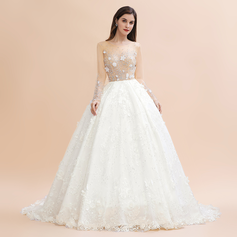 Gorgeous Scoop Neck Wedding Dress Long Sleeves Glitter Floral Lace Aline Bridal Dress-newarrivaldress