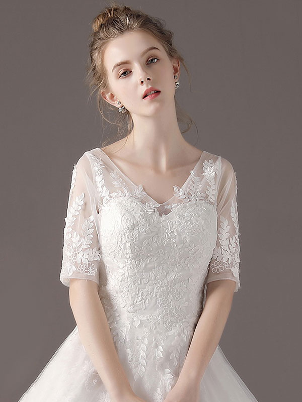Wedding Dresses Princess Ball Gown Ivory Half Sleeve V Neck Lace Beaded Floor Length Bridal Dress-newarrivaldress