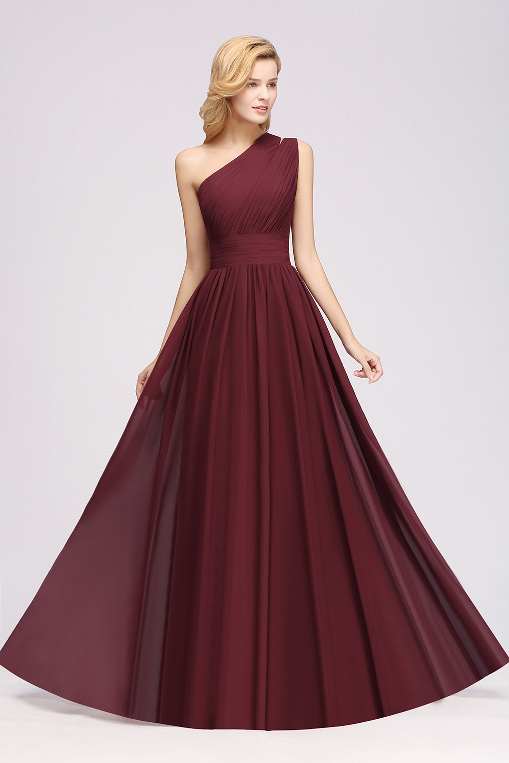 Elegant A-Line Burgundy Chiffon One-Shoulder Sleeveless Ruffles Floor-Length Bridesmaid Dresses-newarrivaldress