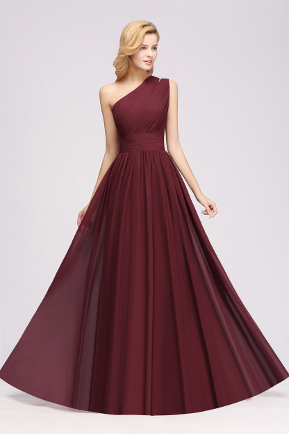 Elegant A-Line Burgundy Chiffon One-Shoulder Sleeveless Ruffles Floor-Length Bridesmaid Dresses-newarrivaldress
