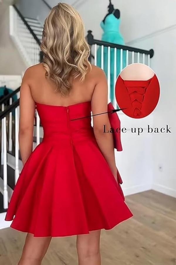 Simple Strapless Ruffle Satin Short Homecoming Dress Sleeveless Mini Party Dress with Bow-newarrivaldress