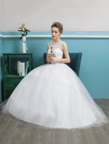 Princess Ball Gown Wedding Dresses Tulle Backless Ivory Beading Floor Length Bridal Dress-newarrivaldress