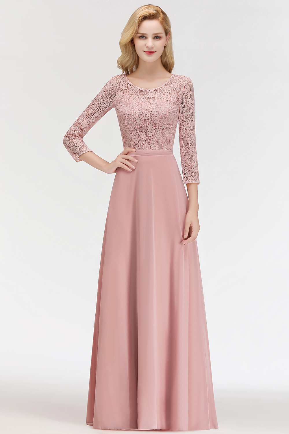 MARIAN | A-line Floor Length Lace Chiffon Bridesmaid Dresses with Sleeves-newarrivaldress