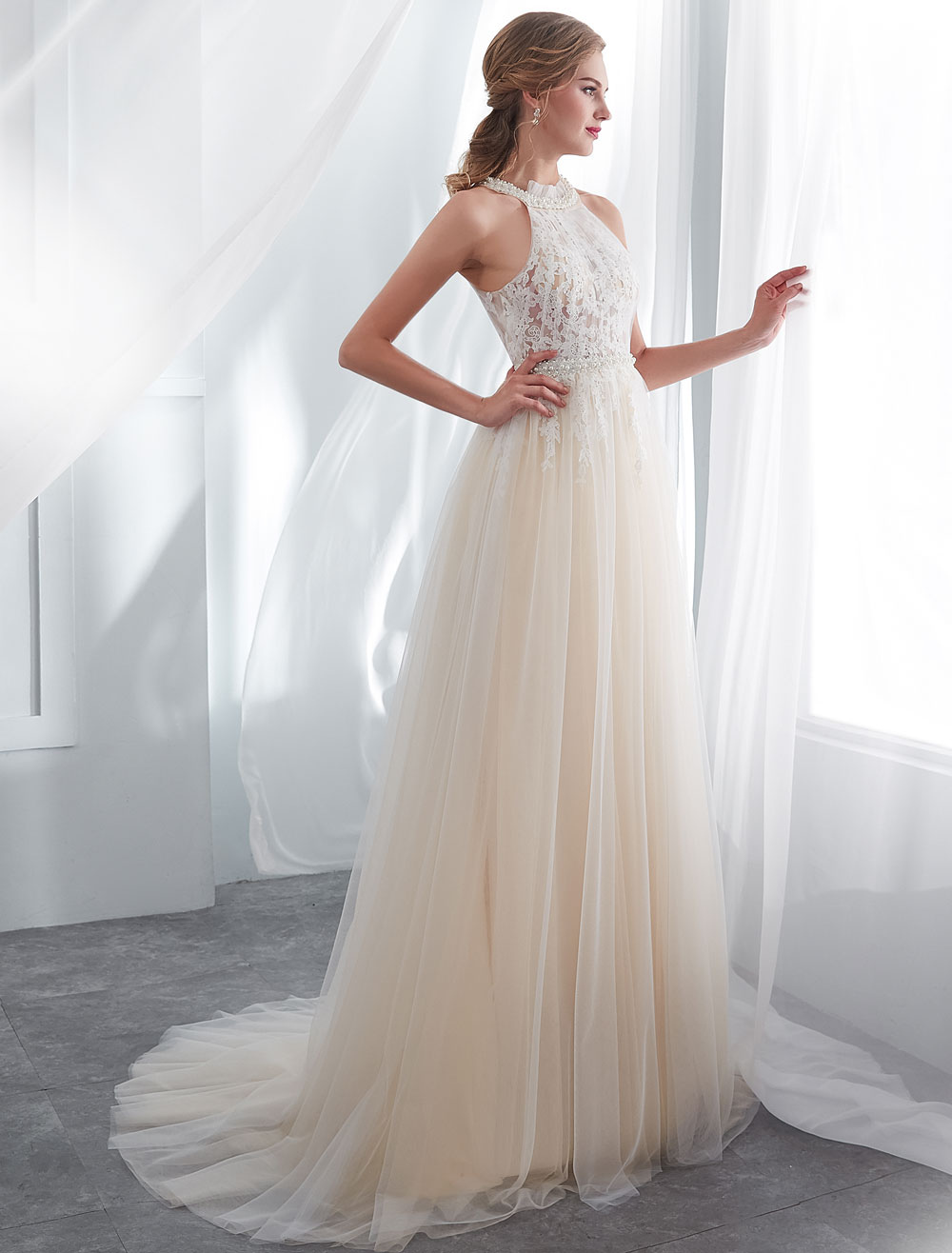 Beach Wedding Dresses Halter Champagne Lace Tulle Beaded Flowers Bridal Gowns With Train-newarrivaldress