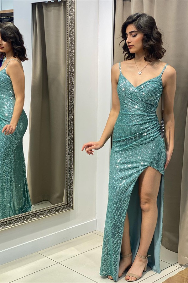 Sexy Glitter Sequins Prom Dress Spaghetti Straps Side Split Ruched Party wear Dress-newarrivaldress
