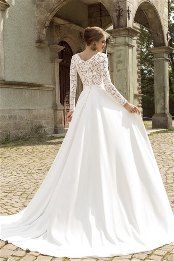 Noble Lace Long Sleeves Bridal Dress Deep V Neck Chiffon Vintage Wedding Dress-newarrivaldress