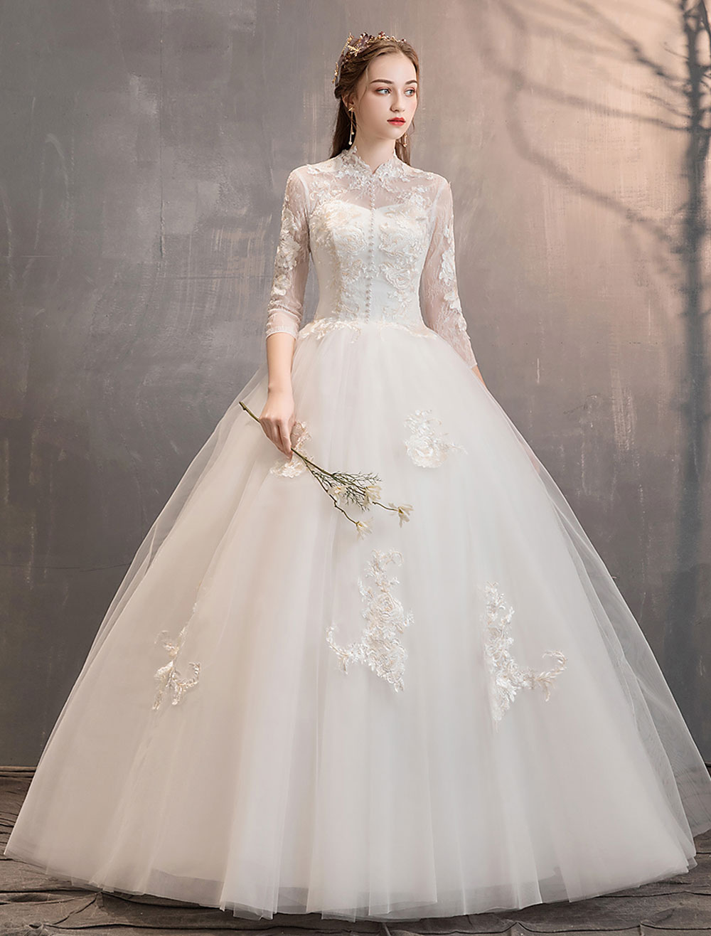 Tulle Wedding Dresses Ivory Illusion Neckline Half Sleeve Floor Length Princess Bridal Dress-newarrivaldress