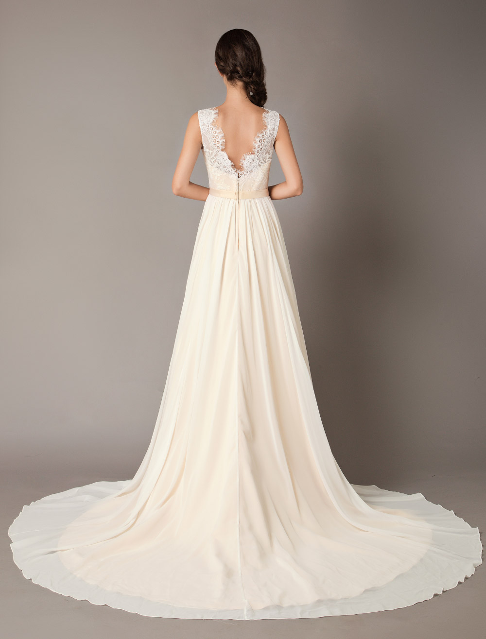 Champagne Wedding Dresses Beach Lace Chiffon V Neck Bridal Dress-newarrivaldress