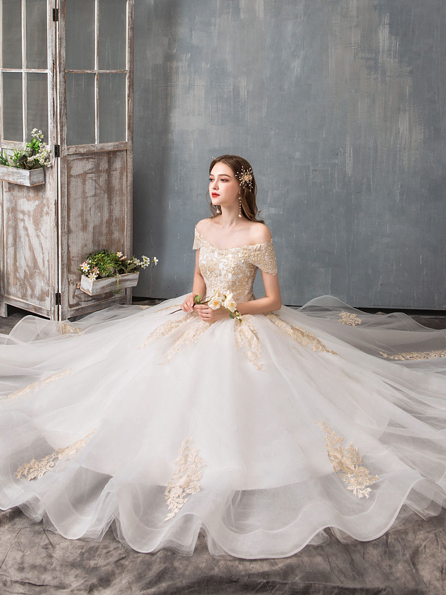 Wedding Dresses 2021 Ball Gown Off Shoulder Golden Lace Appliqued Floor Length Bridal Dress-newarrivaldress