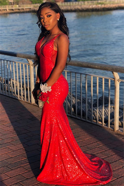 Glamorous Red Sequins Sexy Mermaid Spaghetti-Straps Long Prom Dresses-newarrivaldress