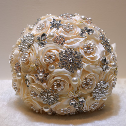 Shiny Crystal Beading Silk Rose Wedding Bouquet in White and Pink-newarrivaldress