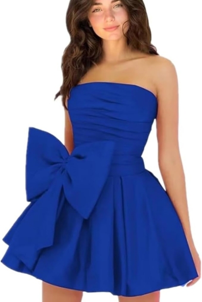 Simple Strapless Ruffle Satin Short Homecoming Dress Sleeveless Mini Party Dress with Bow-newarrivaldress