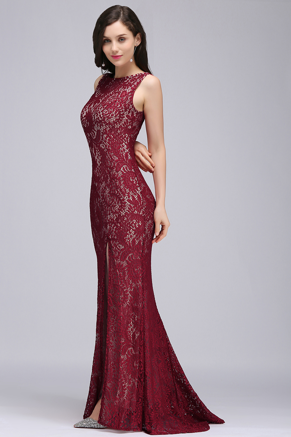 DULCE | Mermaid Crew Floor-length Sleeveless Burgundy Lace Prom Dresses-newarrivaldress