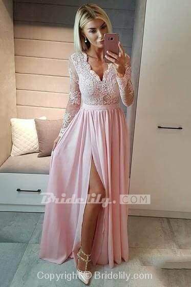 Royal Blue V Neck Long Sleeve Prom Floor Length Split Evening Dress with Lace-newarrivaldress