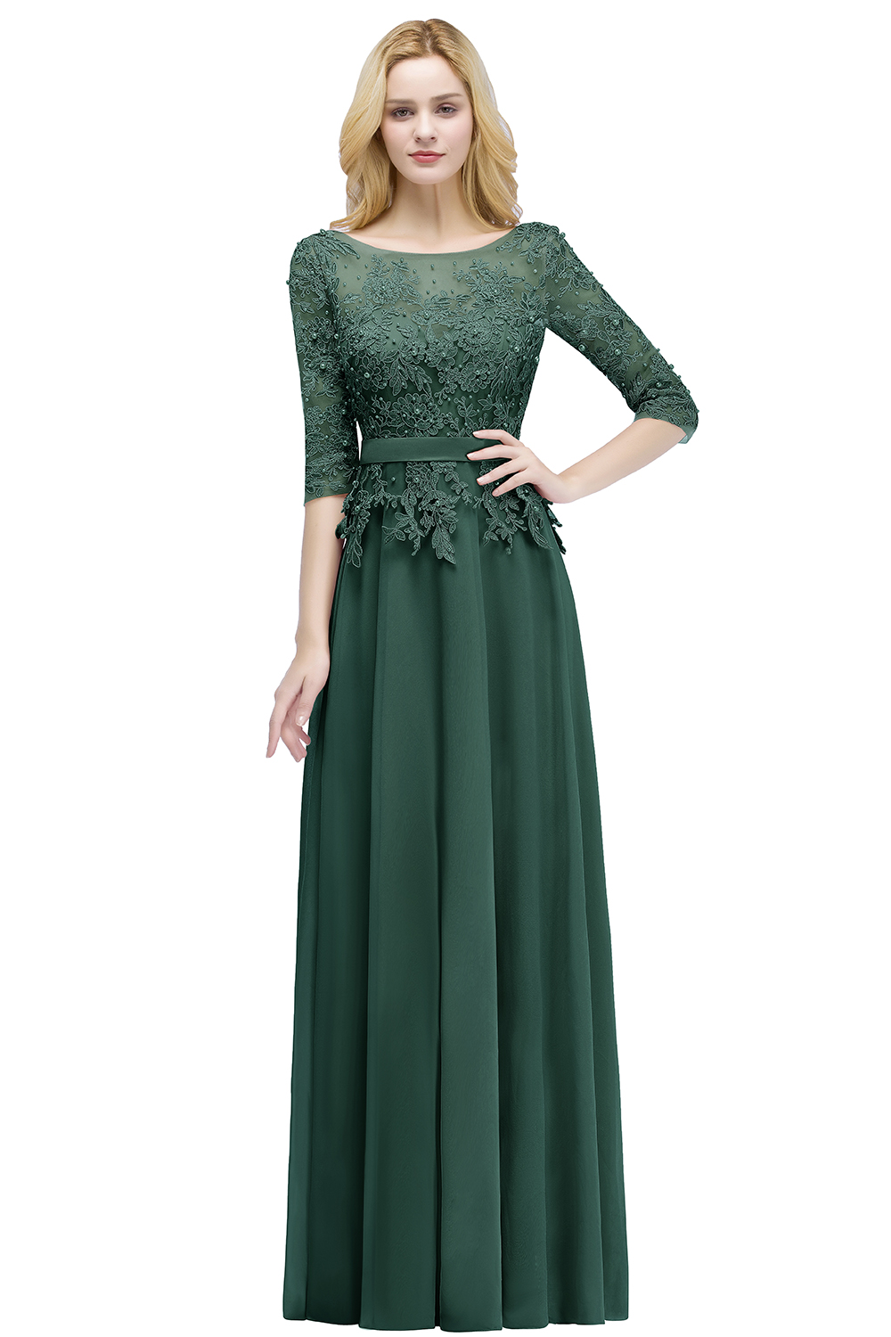 PAMELA | A-line Floor Length Half Sleeves Appliques Bridesmaid Dresses with Sash-newarrivaldress