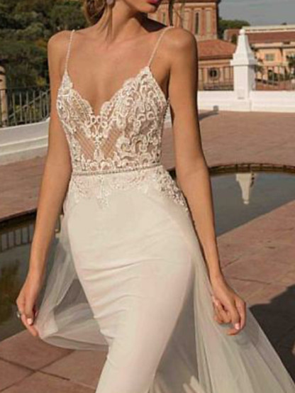 Boho Mermaid Wedding Dress Spaghtti Straps 3D Floral with detachable train