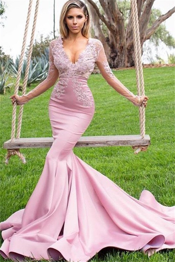 pink long sleeve mermaid prom dress Pink Appliques V-Neck Long Sleeves Mermaid Prom Dresses