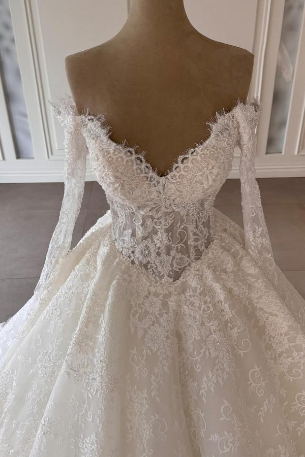 Off Shoulder Long Seeves Ball Gown Wedding Dress V -Neck Aline Bridal Dress with Chapel Train-newarrivaldress