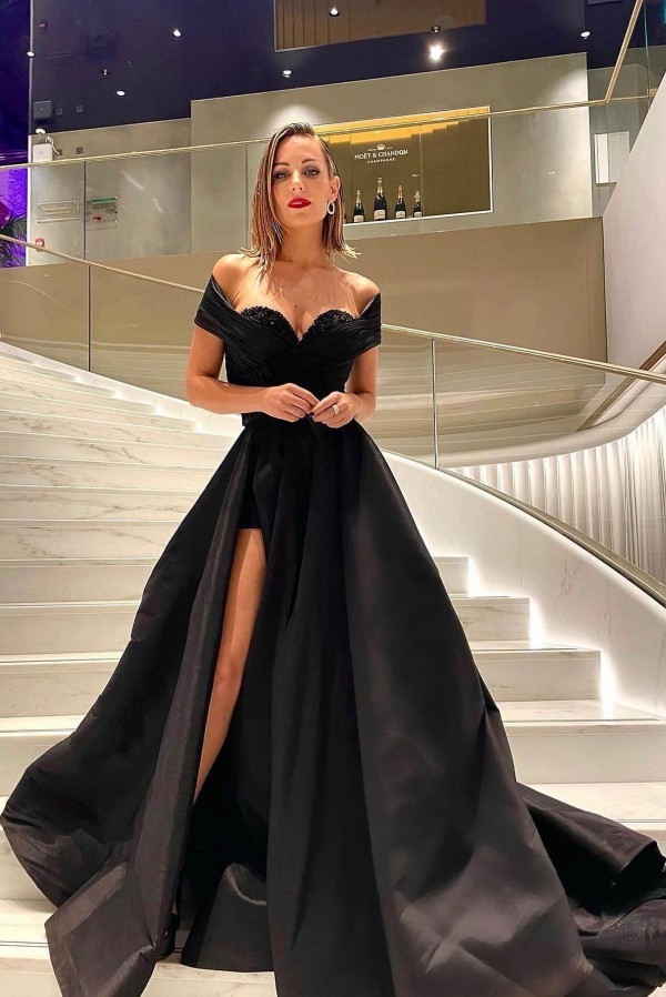 Elegant Black Aline Evening Dress Off-the-Shoulder Satin Side Split Ball Gown-newarrivaldress