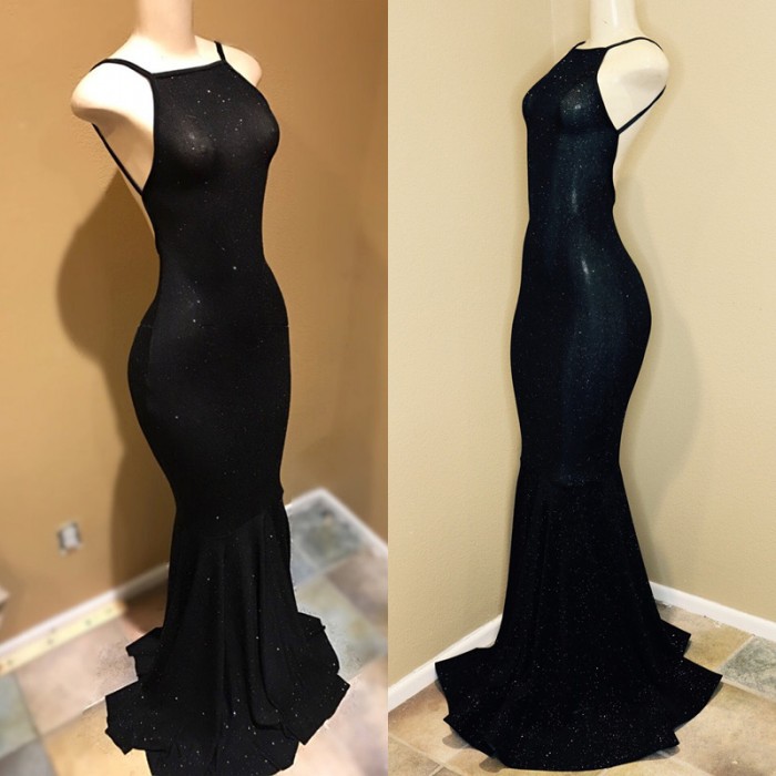 Spaghetti Straps Open Back Black Long Prom Dresses | Tight Formal Evening Dresses for Women BA9013-newarrivaldress
