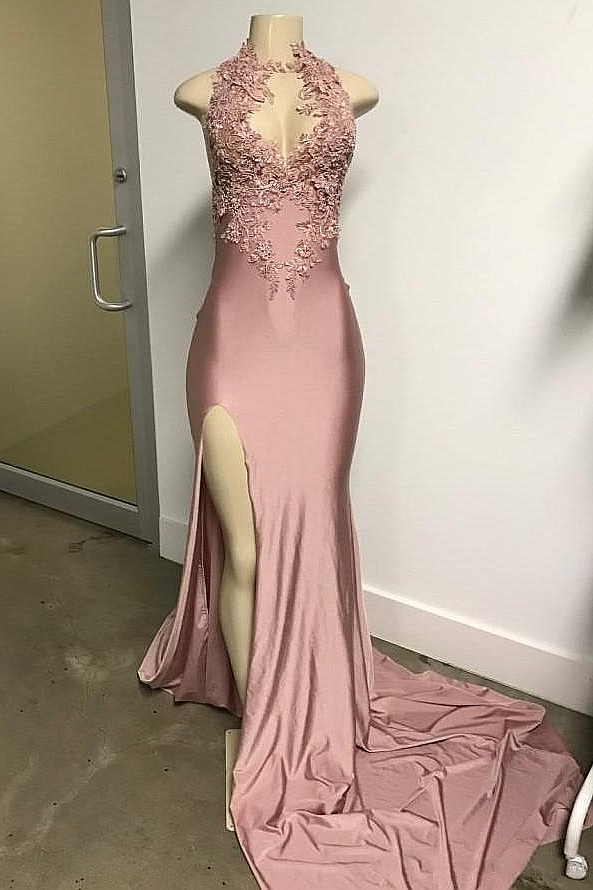 Pink Sleeveless Front Slit Appliques Mermaid Long Prom Dresses-newarrivaldress
