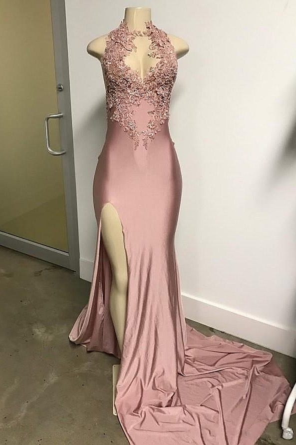 Pink Sleeveless Front Slit Appliques Mermaid Long Prom Dresses-newarrivaldress