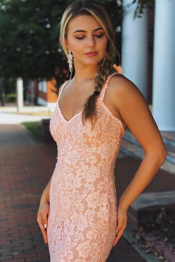 Elegant Pink Lace Spaghetti-Straps Sleeveless Mermaid Prom Dresses-newarrivaldress