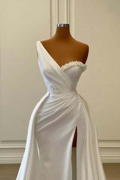 Elegant One Shoulder White Long Prom Dress Ruched Satin Mermaid Evening Gown with Sweep Train-newarrivaldress