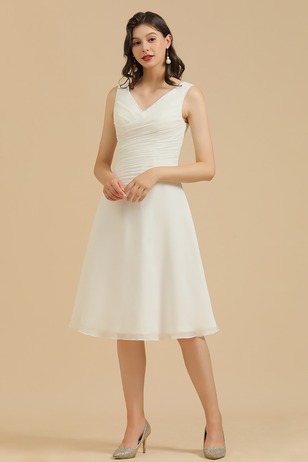 White Sleeveless Chiffon Knee Length Party Dress Daily Casual Dress-newarrivaldress