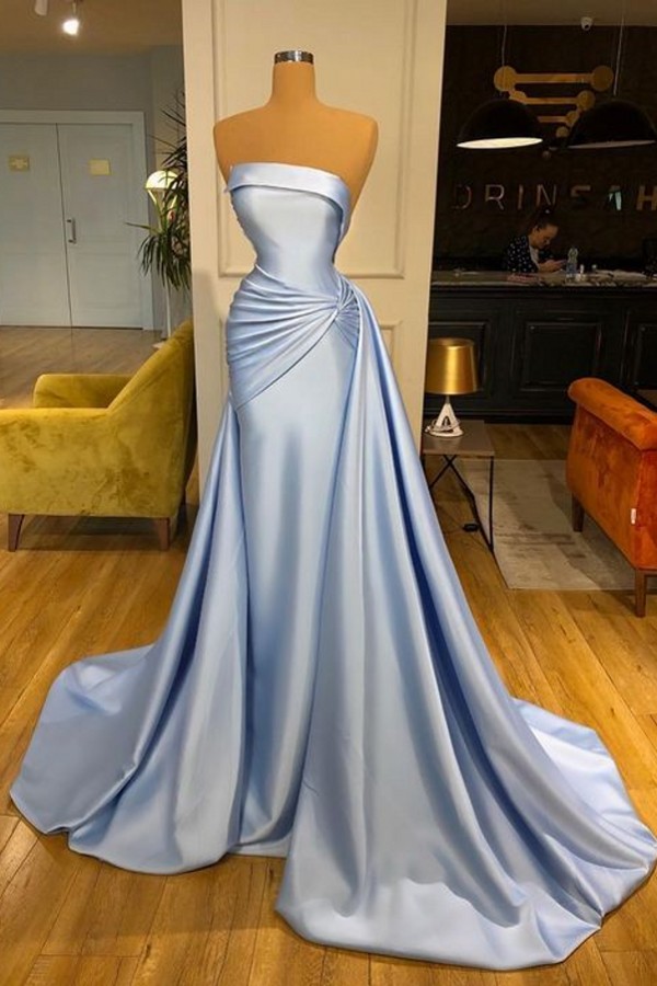 Sky Blue Strapless Slim Mermaid Prom Dress Ruched Satin Long Evening Dress Sweep Train-newarrivaldress