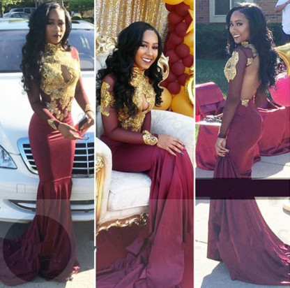 Burgundy long sleeve lace prom dress, mermaidevening gowns BA4987-newarrivaldress