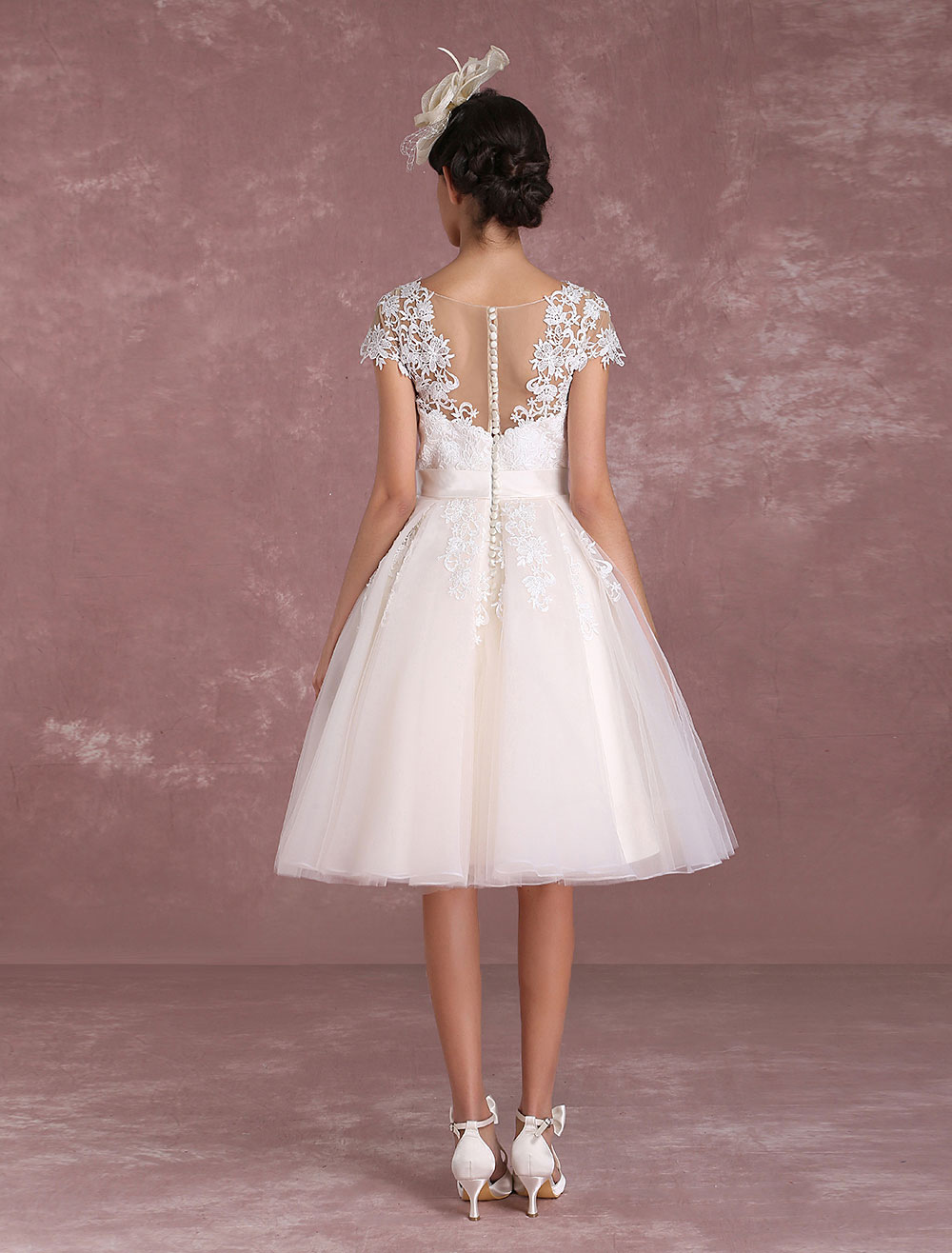 Vintage Wedding Dresses Short Lace Applique Bridal Gown Illusion Bow Sash Bridal Dress Exclusive-newarrivaldress