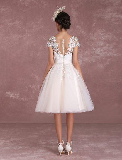 Vintage Wedding Dresses Short Lace Applique Bridal Gown Illusion Bow Sash Bridal Dress Exclusive-newarrivaldress
