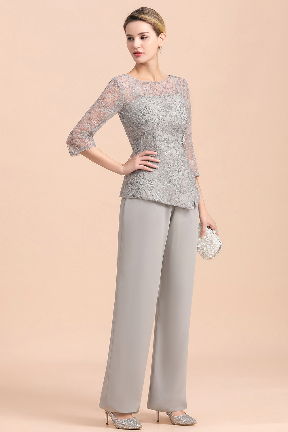 3/4 Sleeves Lace Chiffon Silver Mother of Bride Jumpsuit for Wedding Party-newarrivaldress