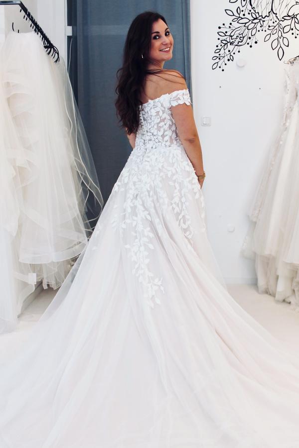 Off-the-Shoulder Tulle Aline Wedding Dress Floral Lace Bridal Dress-newarrivaldress