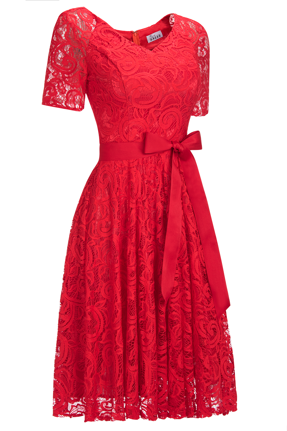 Elegant V-neck Short Sleeves Lace Dresses with Bow Sash-newarrivaldress