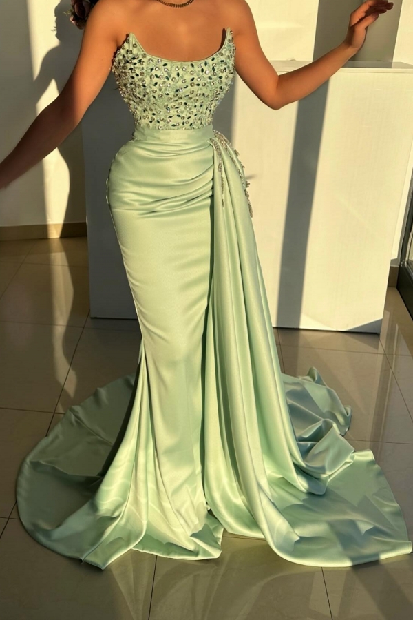 Stylish Strapless Ruched Satin Mermaid Prom Dress with Sweep Train Shiny Rhinestone Long Evening Dress-newarrivaldress