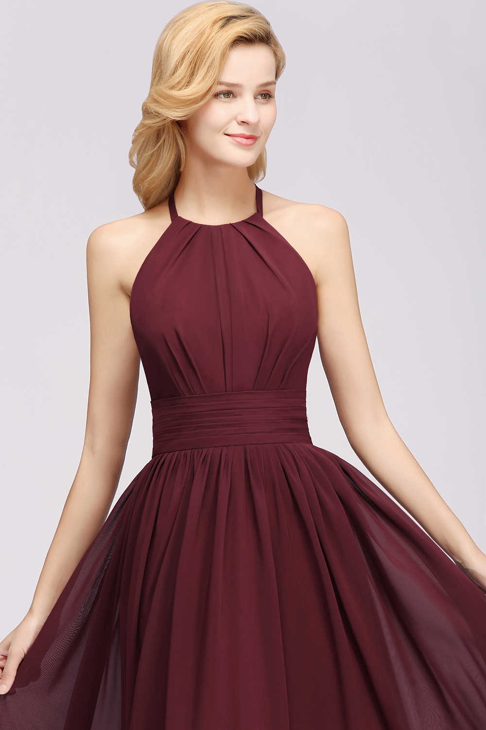 A-line Chiffon Appliques Halter Sleeveless Floor-Length Bridesmaid Dresses with Ruffles-newarrivaldress