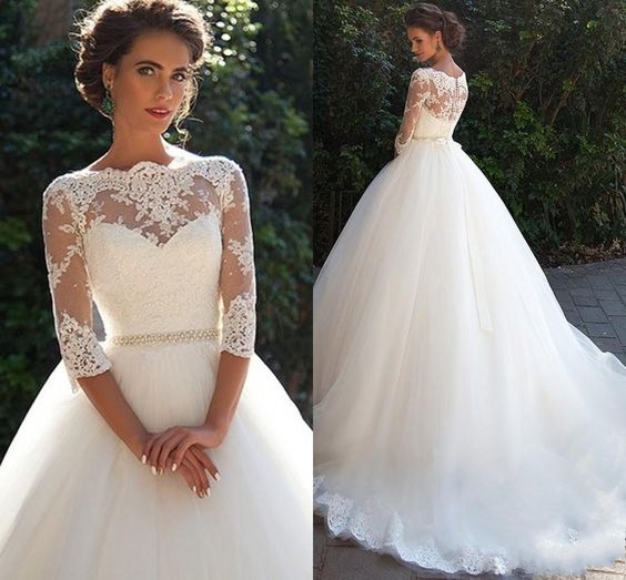 Half Sleeve Ball Gown Wedding Dresses | Puffy Tulle Lace Appliques Bridal Gowns with Beads Belt-newarrivaldress