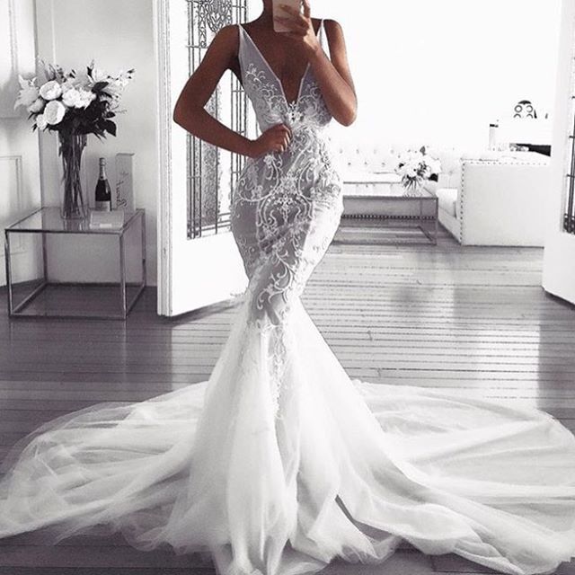 Gorgeous Mermaid Deep V-Neck Wedding Dresses | Sleeveless Tulle Lace Appliques Bridal Gowns-newarrivaldress