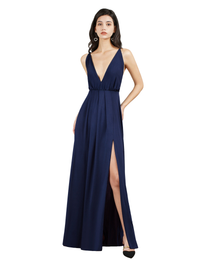 Sleeveless Side Slit Evening Dress V-Neck Aline Floor-Length Dress-newarrivaldress