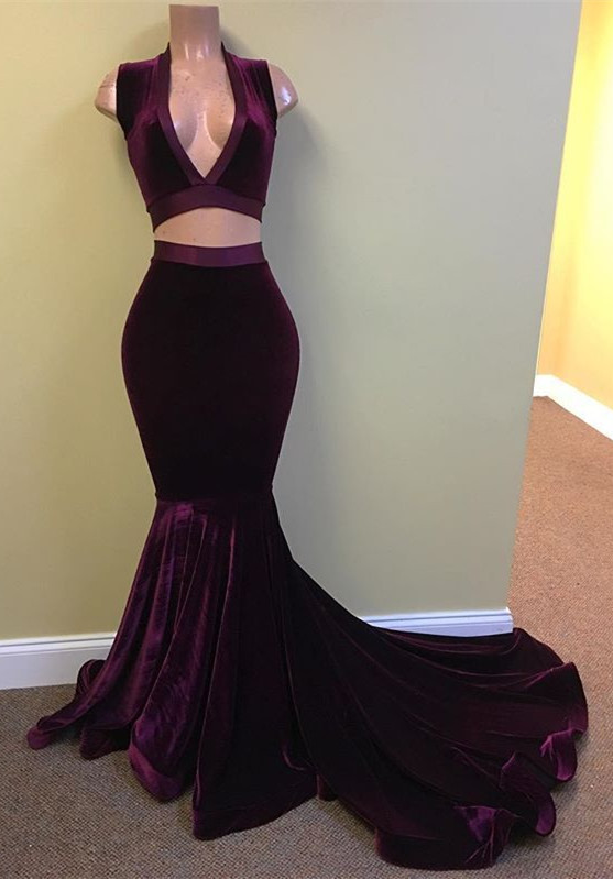 Grape V-Neck Mermaid Stunning Evening Gowns | Velvet Two Piece Prom Dresses-newarrivaldress