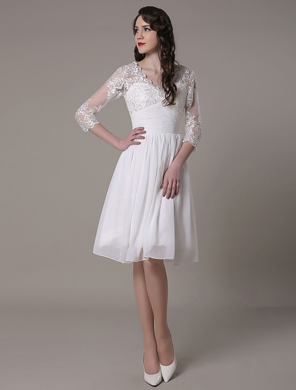 Simple Wedding Dressses Chiffon V Neck Lace A Linepleated Bridal Dress Exclusive-newarrivaldress