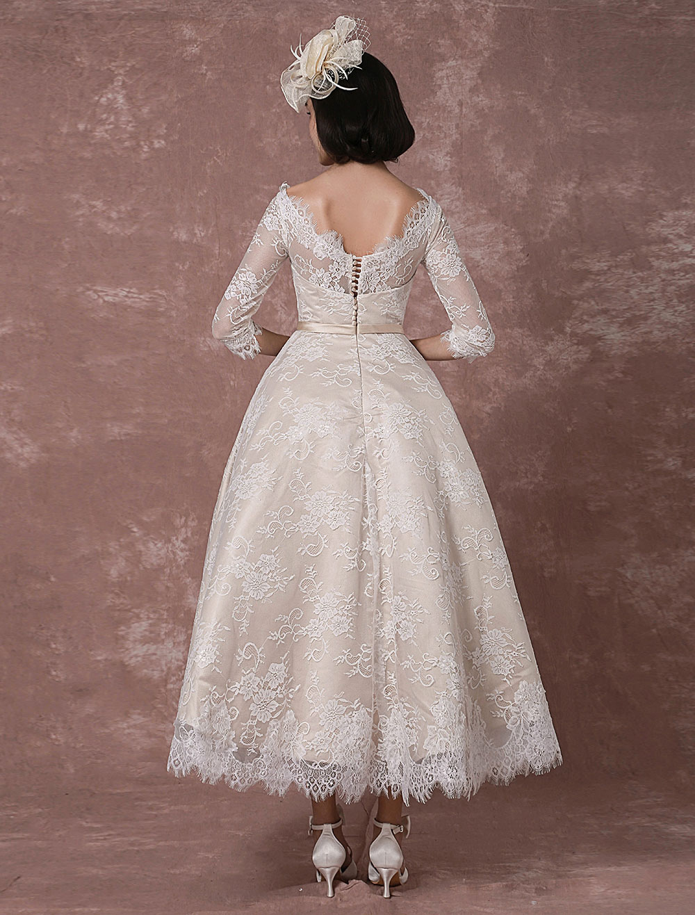 Lace Wedding Dress Vintage Bateau Champagne Half Sleeves Bridal Gown A Line Backless Tea Length Sash Reception Bridal Dress Exclusive-newarrivaldress