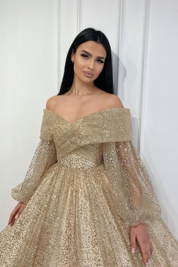 Champagne Off Shoulder Long Sleeves Prom Dresses Glitter Ankle Length Party Wear Dress-newarrivaldress