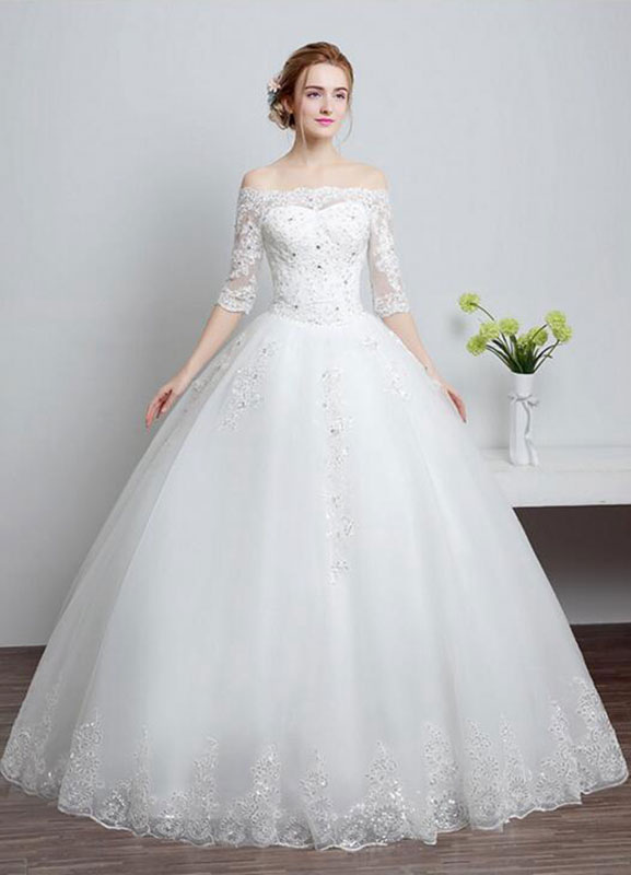 Lace Wedding Dress Off The Shoulder Ivory A Line Lace Up Half Sleeve Sequined Floor Length Bridal Dress-newarrivaldress