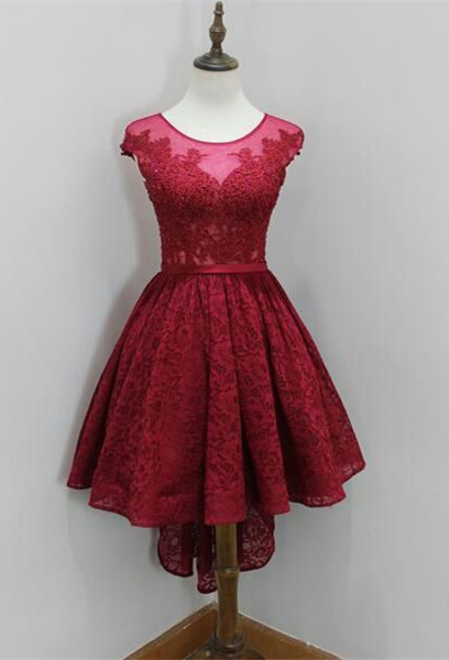 Modest Red Lace Appliques Hi-Lo Cap Sleeve Sexy Short Homecoming Dresses-newarrivaldress